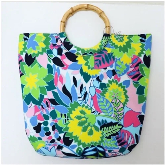 NEW Talbots bamboo handle canvas tote wooden shopper maximalist boho beach color - Picture 3 of 10